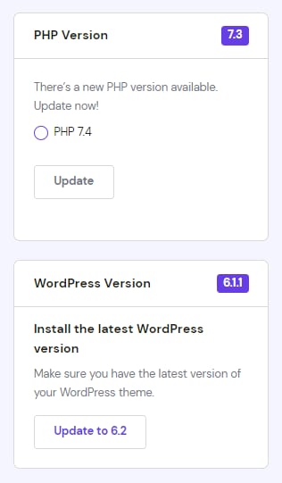 WordPress panel showing the Update to 6.2 button in the WordPress Version section