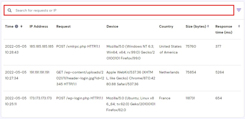 Analytics request search bar highlighted above log table