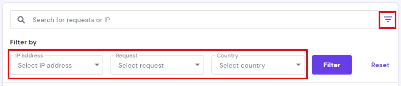Hostinger analytics filter bar with IP address, request, and country dropdowns highlighted