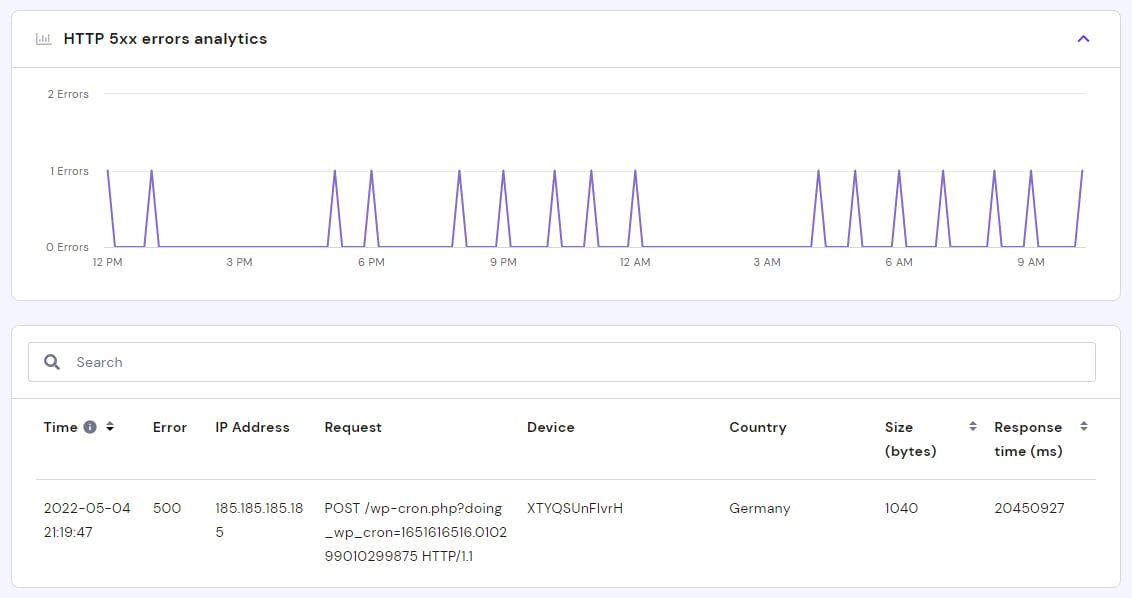 HTTP 5xx errors analytics chart and error log table in hPanel analytics section