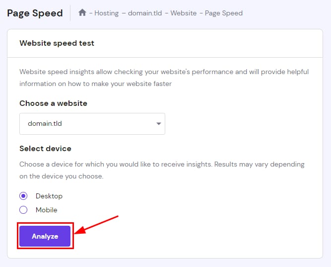 Hostinger website speed test page with the Analyze button highlighted