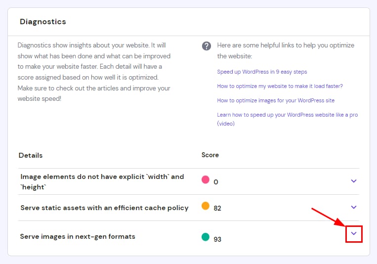 Diagnostics panel with the expand chevron highlighted next to “Serve images in next-gen formats” score 93