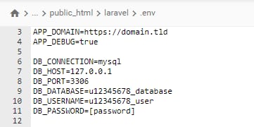 .env file in public_html/laravel showing APP_DOMAIN, DB settings, and database credentials