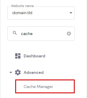 Hostinger hPanel menu with Cache Manager highlighted under Advanced