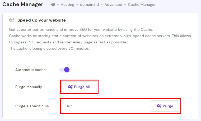 Hostinger Cache Manager with the Purge All button and specific URL purge field highlighted