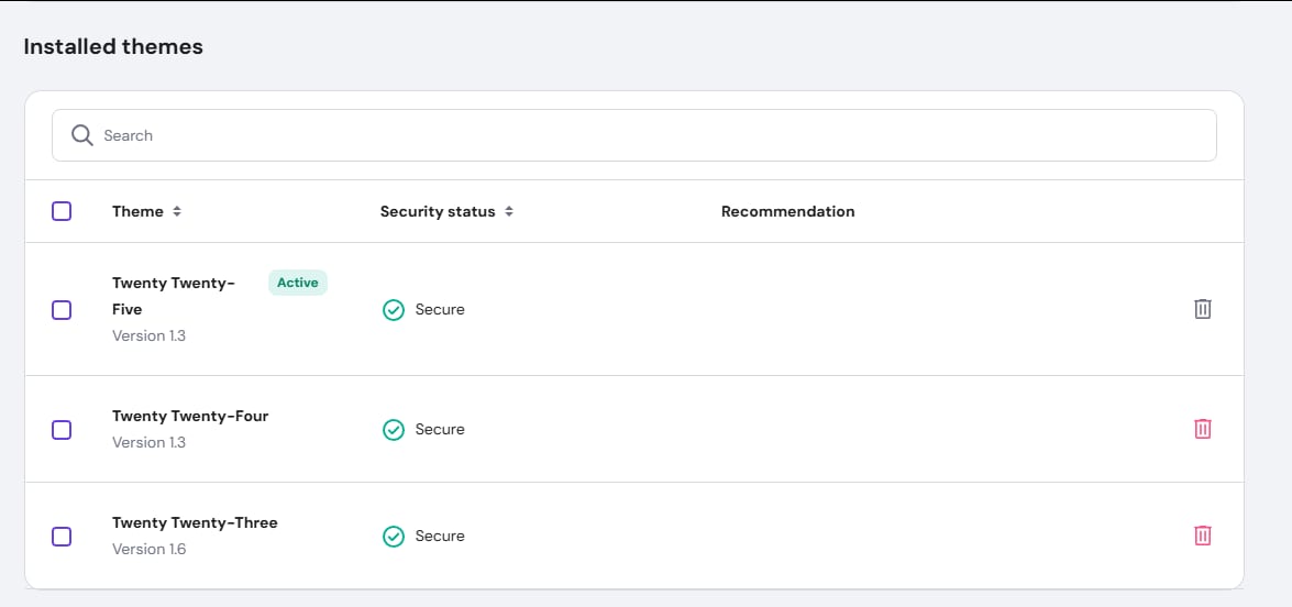 Hostinger WordPress overview showing installed themes list with Twenty Twenty-Five active and secure status