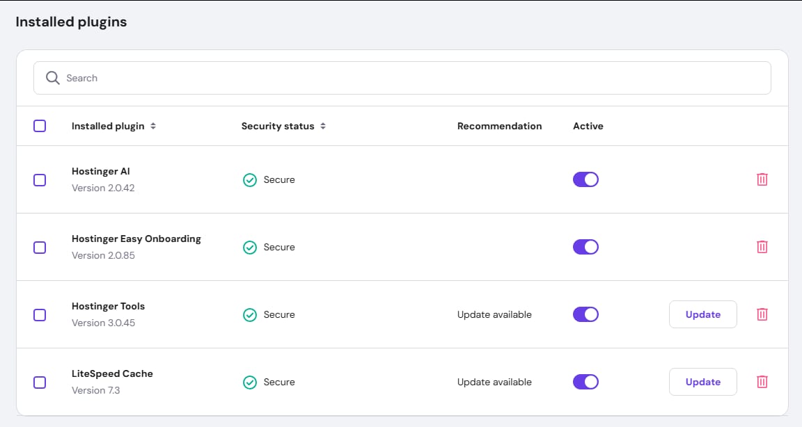 WordPress installed plugins list in Hostinger, showing active toggles and update buttons