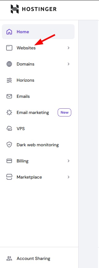 Hostinger sidebar with Websites menu item highlighted