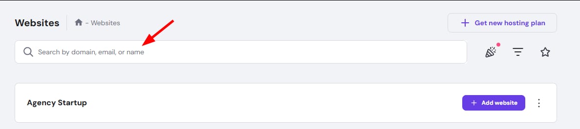 Hostinger Websites search bar for domain, email, or name