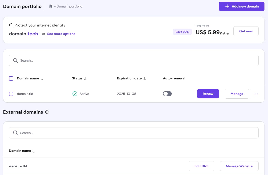 Domain portfolio with active domain and Renew button