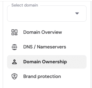Domain management menu with Domain Ownership highlighted