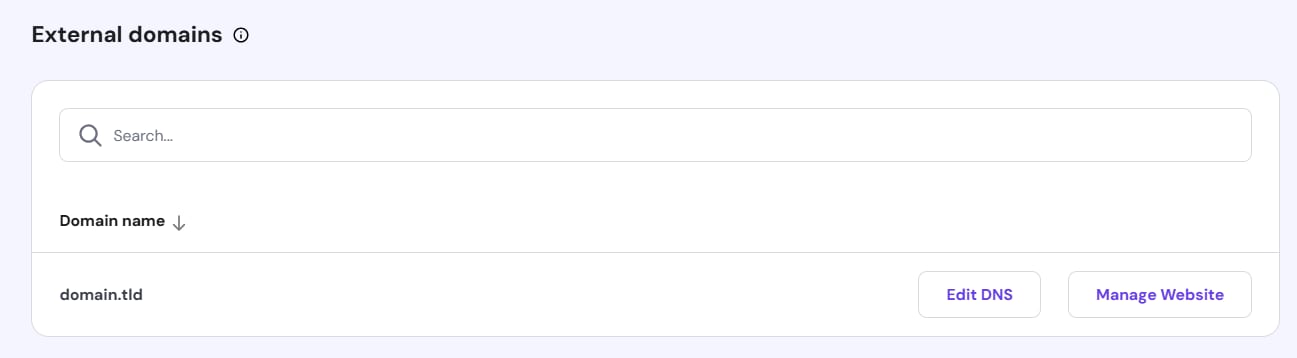 Hostinger hPanel External domains list with search bar and Edit DNS, Manage Website buttons