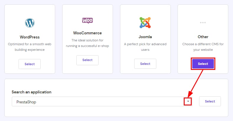 Hostinger auto installer with Other selected and PrestaShop chosen in the application search field