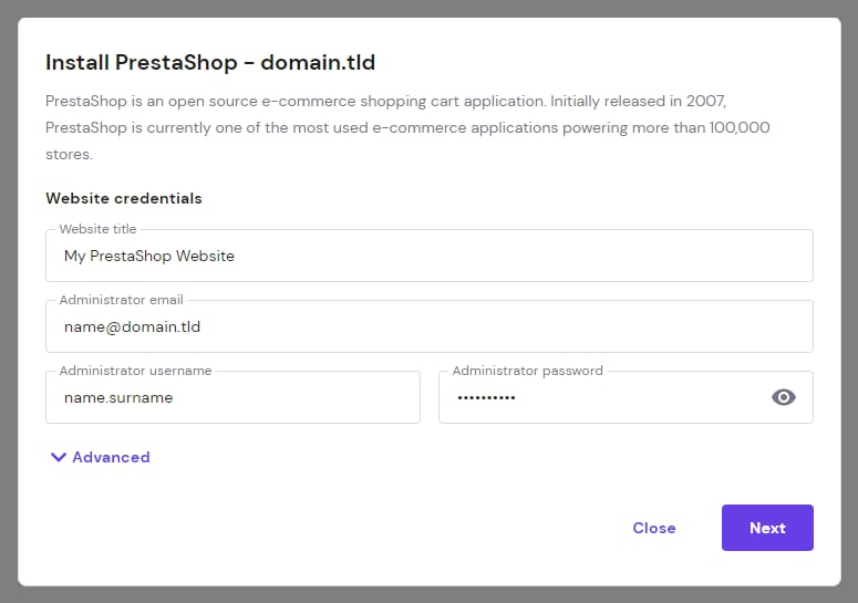 PrestaShop install form with website title, admin email, username, and password fields, plus Next button
