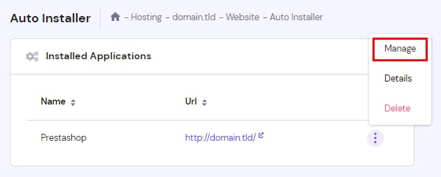 Hostinger Auto Installer showing the highlighted Manage button for an installed PrestaShop application