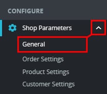 PrestaShop admin menu with Shop Parameters expanded and General highlighted