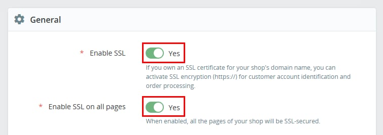 PrestaShop settings with SSL enabled toggles for the shop and all pages