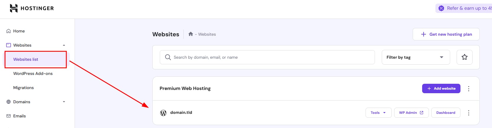 Websites list menu item highlighted in Hostinger dashboard