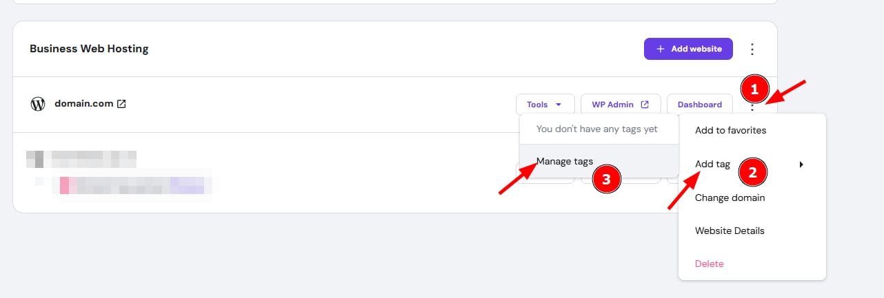 Business Web Hosting website menu with Add tag and Manage tags options highlighted