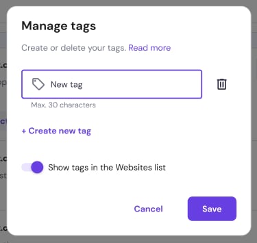 Hostinger hPanel tag management dialog with the New tag field highlighted for creating a custom website tag
