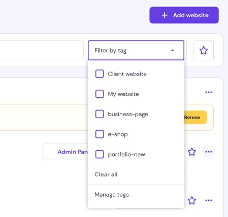 hPanel website list with open tag filter dropdown and Manage tags option