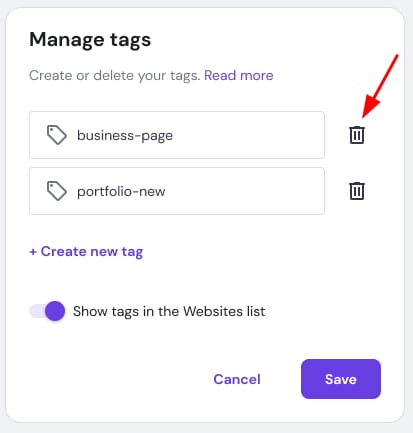 Manage tags dialog with the delete icon for business-page highlighted