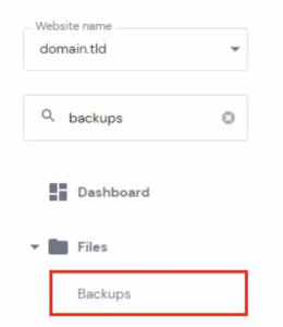 Hostinger control panel with Backups menu item highlighted under Files