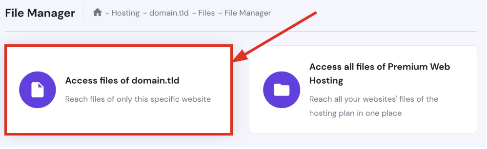 Hostinger File Manager option to access files of domain.tld