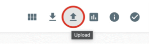 Upload icon in a toolbar, circled to indicate the upload action
