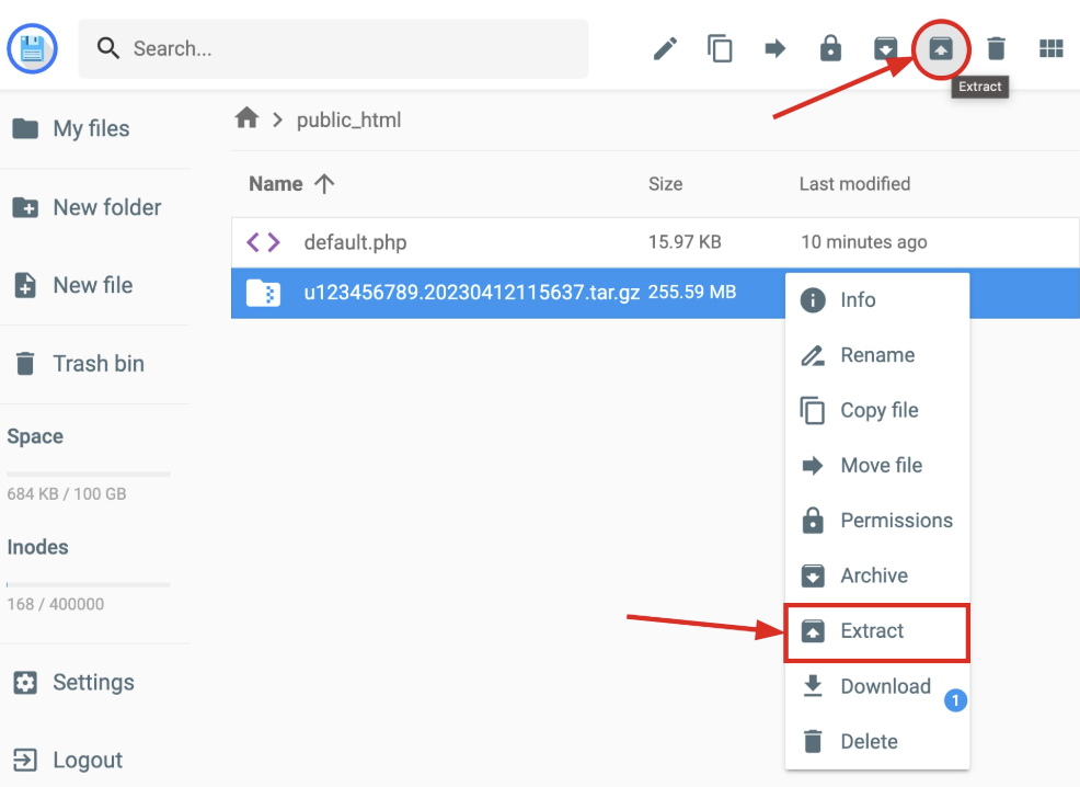 Hostinger file manager showing a selected archive with the Extract option highlighted
