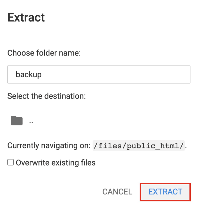 Backup extraction dialog with the Extract button highlighted