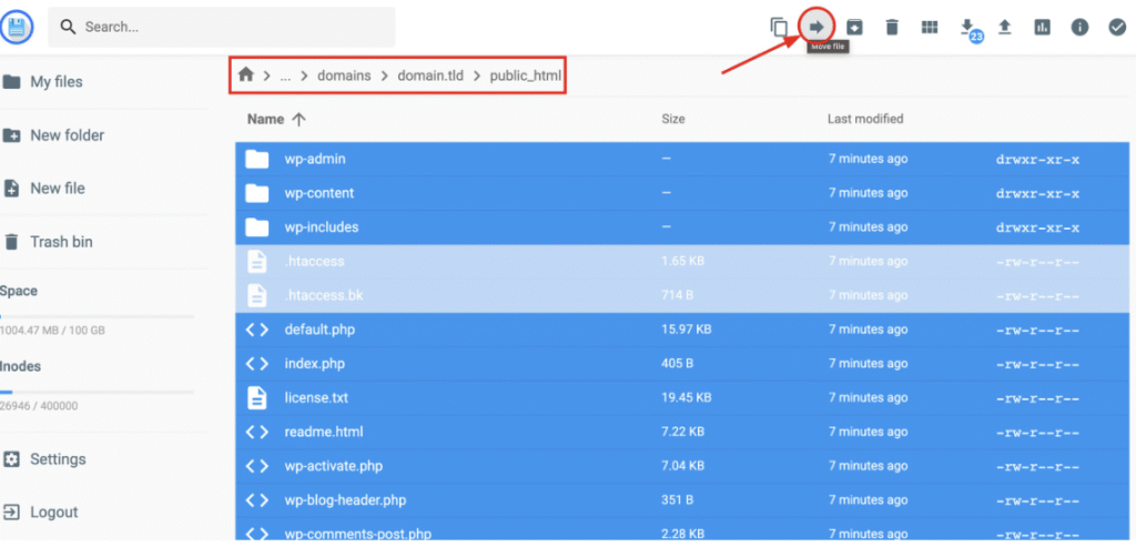 Hostinger File Manager showing WordPress public_html folder, with the Move file button highlighted