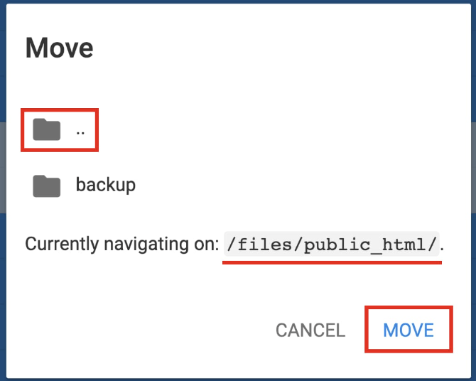 Hostinger file manager move dialog with parent folder ".." highlighted and Move button visible
