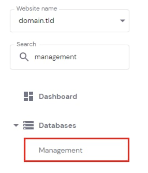 Hostinger hPanel sidebar with the Management submenu highlighted under Databases