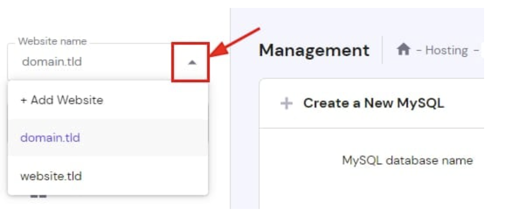 Hostinger management dashboard with website selector dropdown arrow highlighted