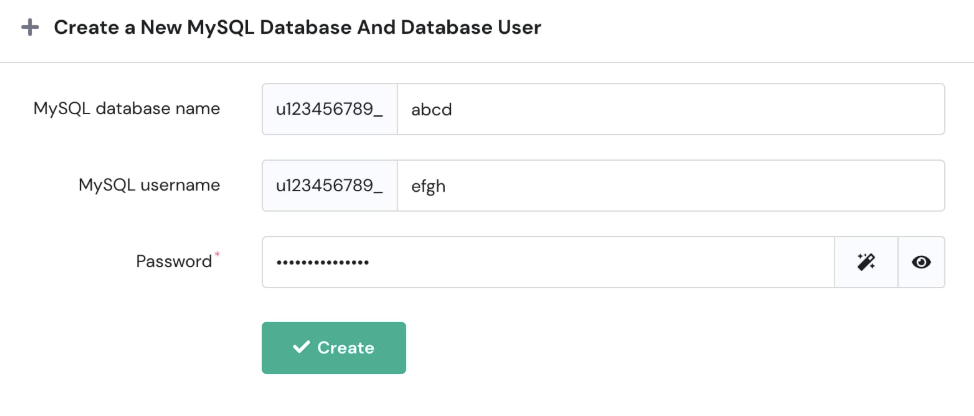 MySQL database creation form with database name, username, password fields, and Create button