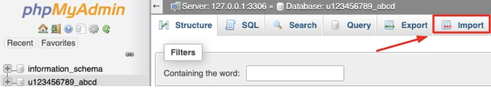 phpMyAdmin database view with the Import tab highlighted