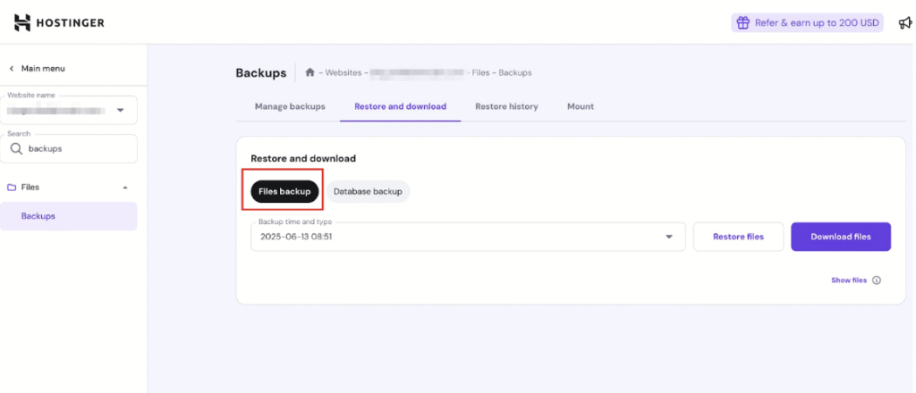 Hostinger Backups page with the Files backup tab highlighted in Restore and download