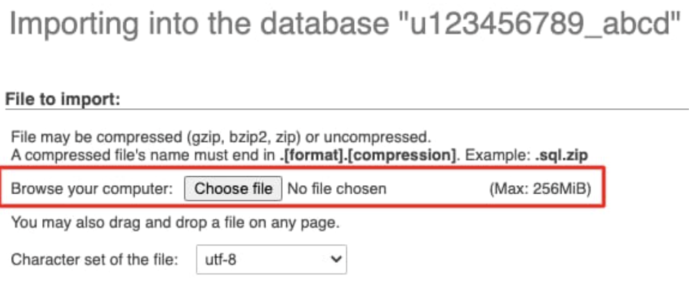 phpMyAdmin import page with file upload field and Choose file button highlighted