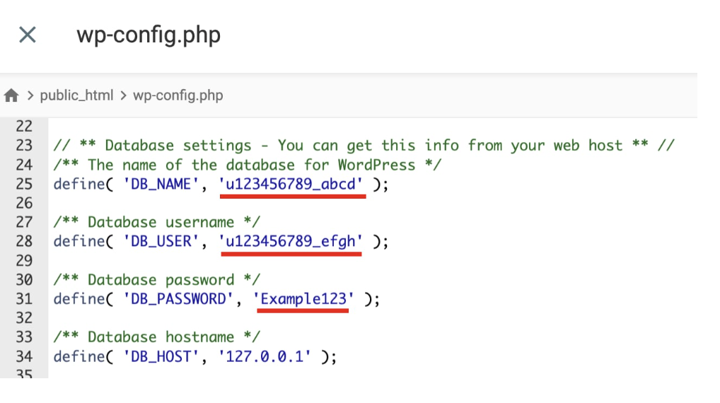 WordPress wp-config.php showing highlighted database name, username and password fields