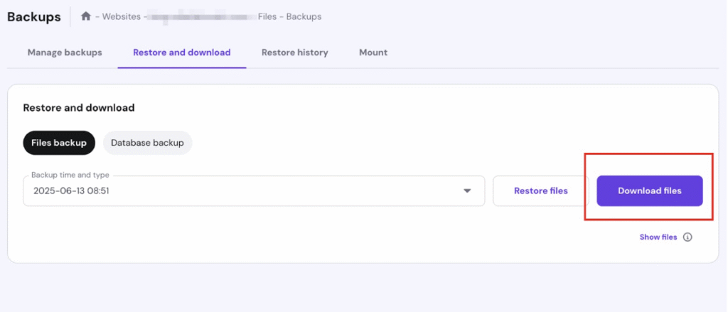 Backups page with Download files button highlighted in Restore and download tab
