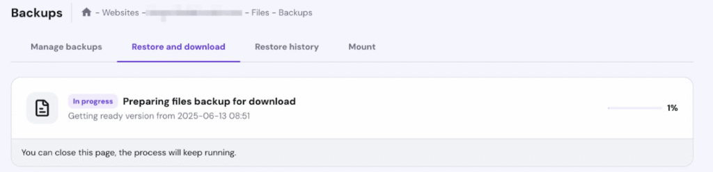 Hostinger Backups page with Restore and download tab selected and file backup preparing for download at 1%