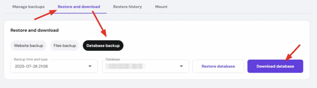 Hostinger backup restore page with the Database backup tab and Download database button highlighted