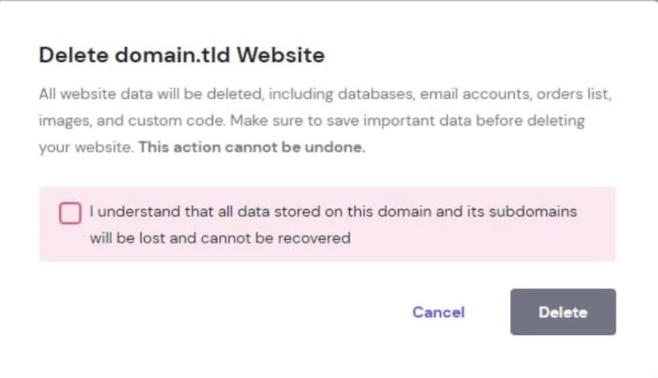 Hostinger delete website dialog with confirmation checkbox and Delete button