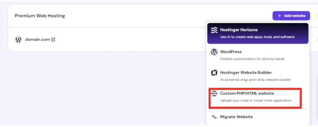 Hostinger Premium Web Hosting add-website menu highlighting Custom PHP/HTML website