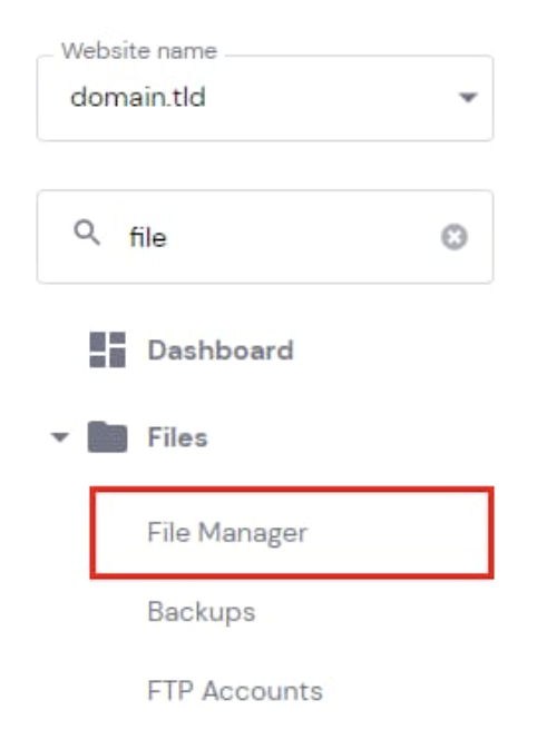 Hostinger hPanel Files menu with File Manager highlighted