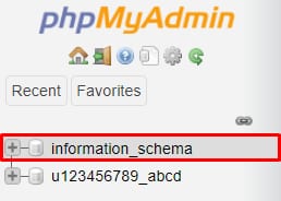 phpMyAdmin sidebar with information_schema database highlighted in the tree list