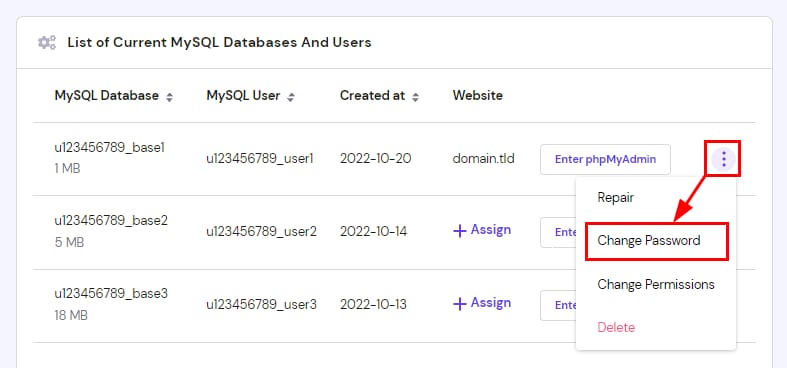 Hostinger MySQL databases list with the kebab menu open and Change Password highlighted
