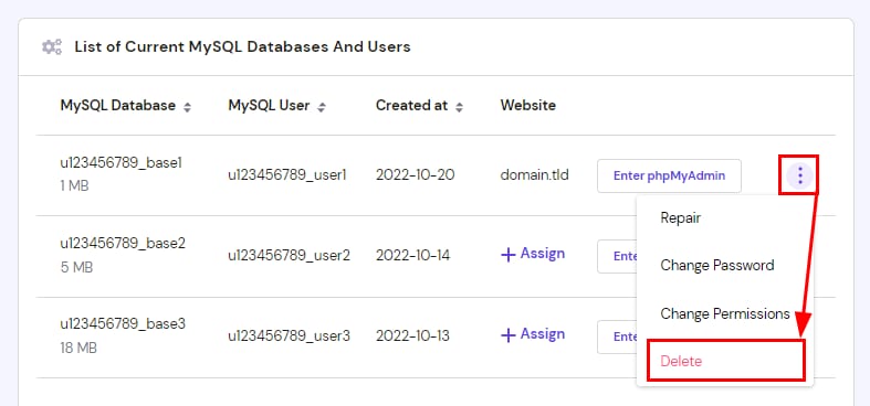 Hostinger MySQL database list with the Delete option highlighted in a dropdown menu