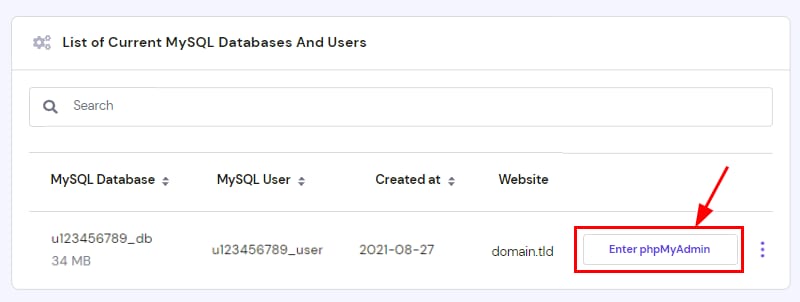 Hostinger MySQL database row with the Enter phpMyAdmin button highlighted